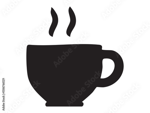Black silhouette of steaming coffee cup isolated on white background, graphic illustration. concept of icon, logo, hot beverage, morning ritual, cafe, design element