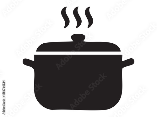 Black silhouette of cooking pot with steam isolated on white background, graphic illustration. concept of kitchenware, cooking utensil, icon, logo, culinary tool, design element