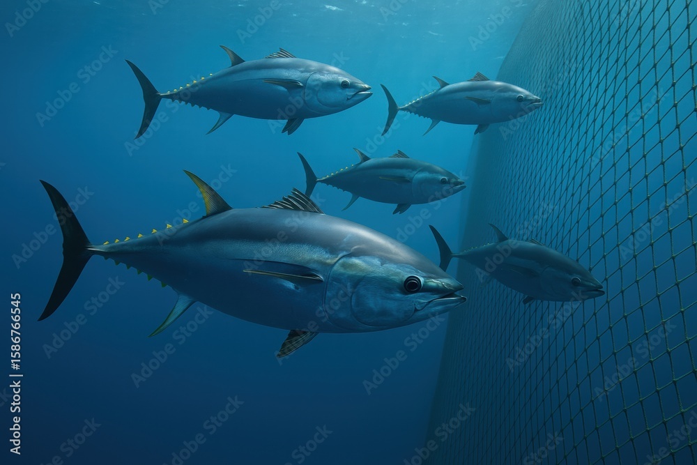 Fototapeta premium A Group of Bluefin Tuna Swimming Gracefully in Clear Waters Captured Underwater, Highlighting Their Dynamic Movement and Stunning Colors in Oceanic Environment