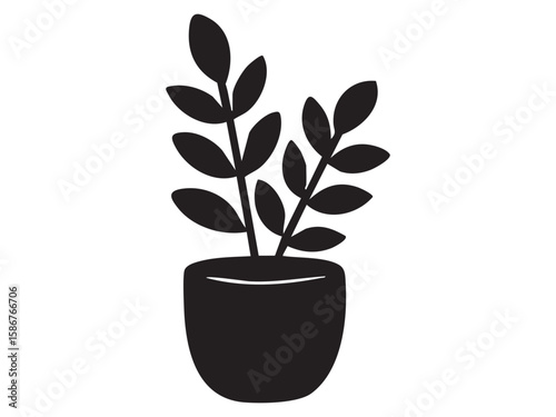 Black silhouette of potted plant with leaves, isolated on white background, graphic illustration. concept of nature, home decor, botanical icon, logo, design element