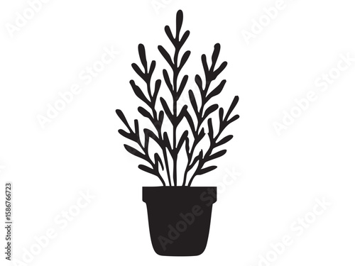Black silhouette of potted plant with leafy branches, isolated on white background, graphic illustration. concept of home decor, indoor plant, botanical art, icon, design element