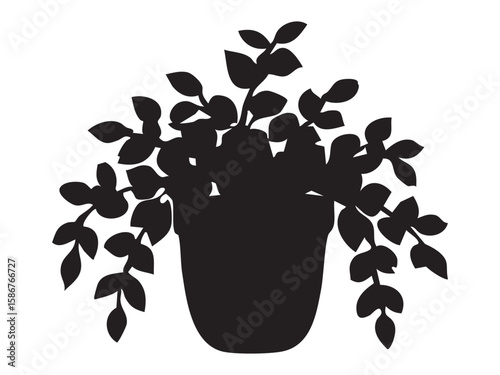 Black silhouette of potted plant with cascading leaves, isolated on white background, graphic illustration. concept of botanical, decor, houseplant, nature, design element