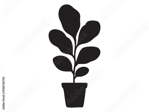 Black silhouette of potted plant with large leaves, isolated on white background, botanical illustration. concept of indoor plant, nature icon, home decor, design element