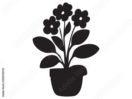 Black silhouette of potted flower plant, isolated on white background, graphic illustration. concept of home decor, gardening, floral icon, nature, indoor plant design element