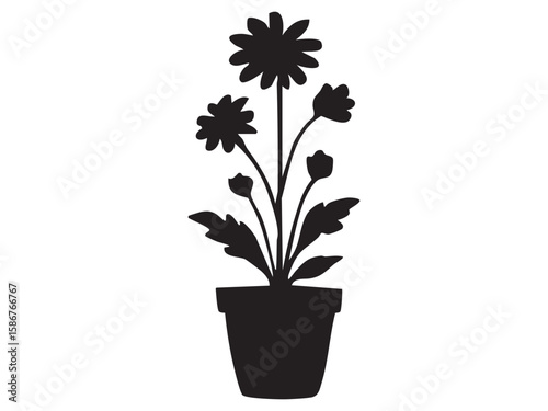 Black silhouette of potted flower plant, isolated on white background, graphic illustration. concept of gardening, botanical art, home decor, floral icon, logo, design element