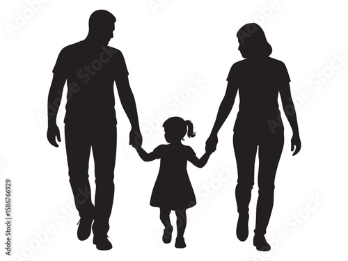 Black silhouette of family holding hands, isolated on white background, graphic illustration. concept of parents, child, unity, family bond, love, partnership, togetherness
