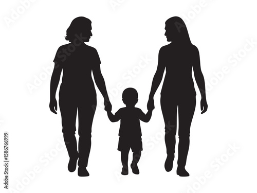 Black silhouette of two women with a child holding hands, isolated on white background, graphic illustration. concept of family, parenting, motherhood, relationship, design element.
