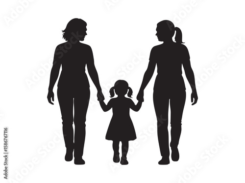 Black silhouette of two women holding hands with a little girl, isolated on white background, graphic illustration. concept of family, bonding, parenthood, love, motherhood