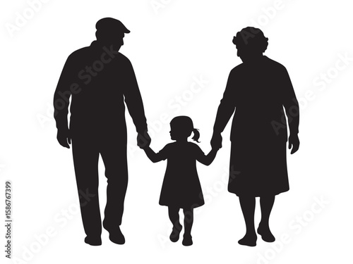Black silhouette of elderly man, woman, and child walking hand in hand, isolated on white background, graphic illustration. concept of family, togetherness, bonding, love, care, support