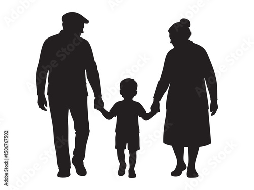 Black silhouette of elderly man, woman, and child holding hands, isolated on white background, graphic illustration. concept of family, togetherness, love, parenthood, unity