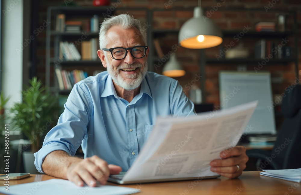 Happy older businessman works in office, reviewing corporate documents, using laptop. Mature executive, 50 years old man, manager business owner analyzes financial report. Successful entrepreneur Happy older businessman works in office, reviewing corporate documents, using laptop. Mature executive, 50 years old man, manager business owner analyzes financial report. Successful entrepreneur