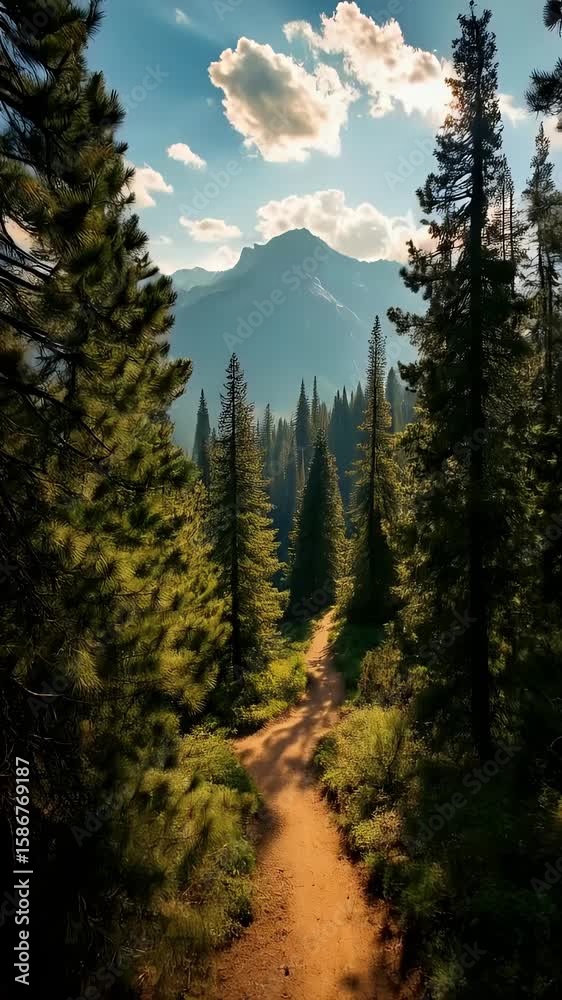 Sunlit Forest Trail Leading to Majestic Mountain View in Summer Wilderness
