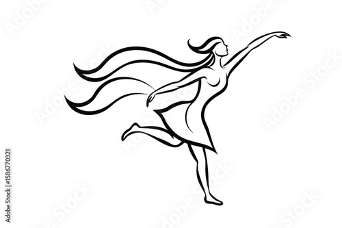 Black line art of a woman running with flowing hair and dress