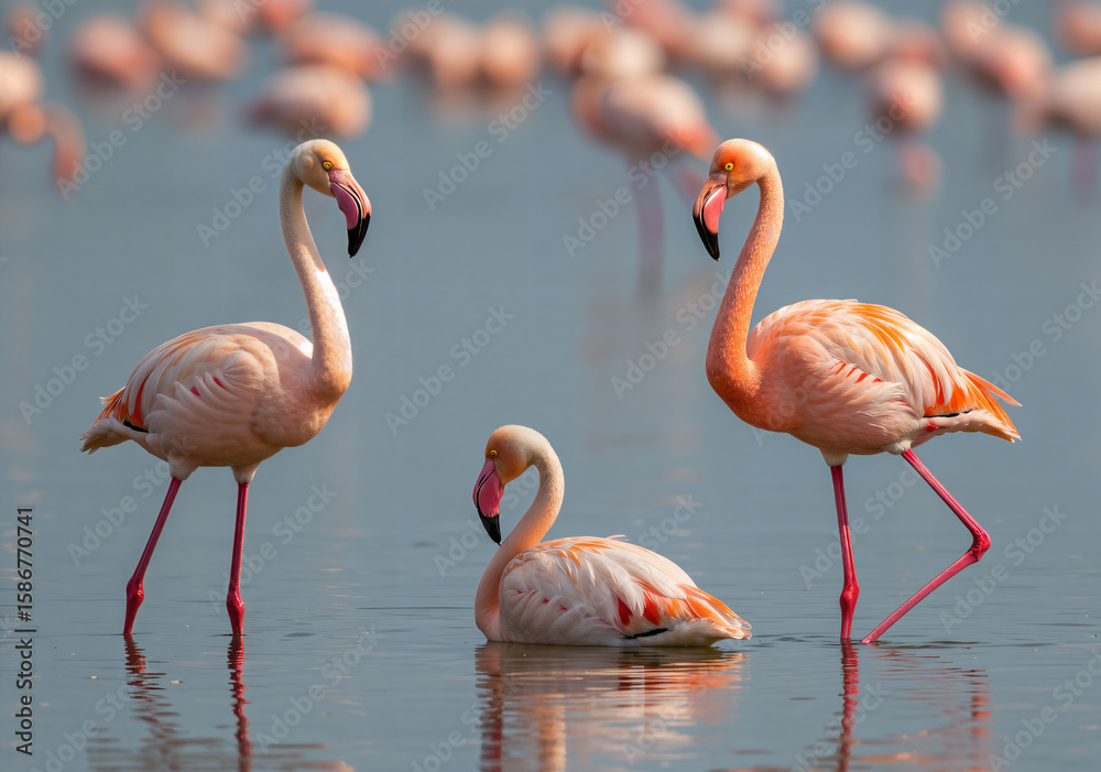 Three elegant pink flamingos in calm water, a picture of natural grace and harmony Three elegant pink flamingos in calm water, a picture of natural grace and harmony