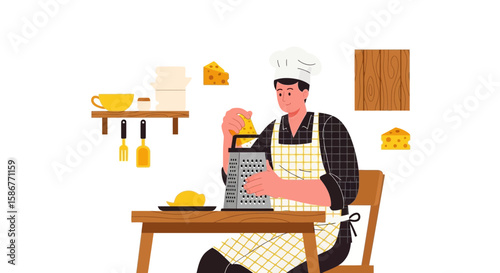 Male Chef Grating Cheese Preparing A Delicious Dish In Restaurant Kitchen