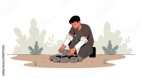 Man Building Stone Structure In Outdoor Setting During A Calm Day