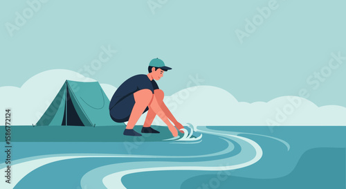 Man Camping Near The Ocean During A Relaxing Summer Vacation With Waves