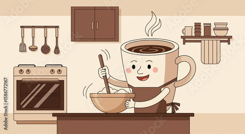 Happy Coffee Cup Cartoon Character Baking And Smiling In A Vintage Kitchen