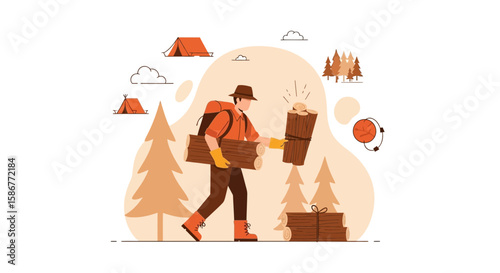 Man Carrying Firewood At Camping Destination In Forest Environment Illustration