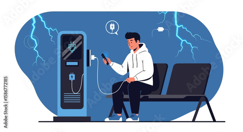 Man Charging His Mobile Phone At The Station Using Public Charging Station