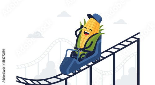 Happy Corn Character Enjoying A Thrilling Ride On A Roller Coaster Adventure