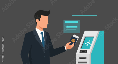 Man Checks In At Airport Self Service Kiosk With Passport And Airplane Image