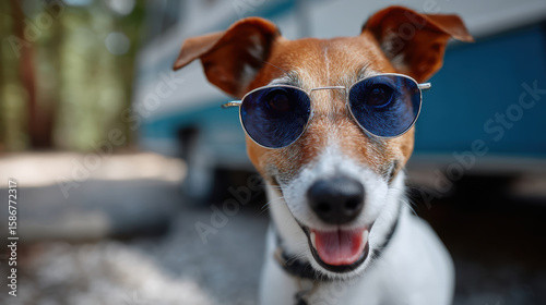 Happy dog with sunglasses on fun pet friendly travel adventure. summer vacation road trip with loyal companion