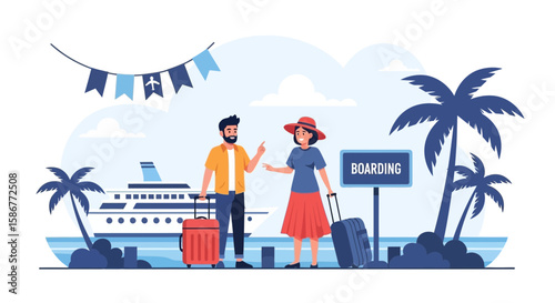Happy Couple Ready For a Cruise Trip On The Tropical Beach Holiday