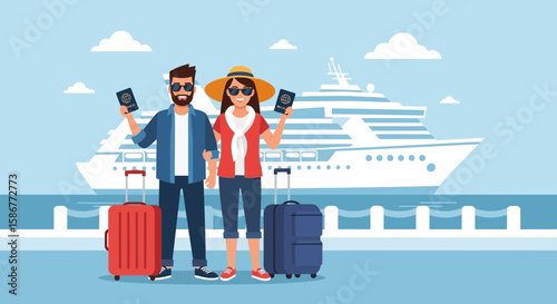 Happy Couple Ready For Vacation With Passports And Luggage Cruise Background