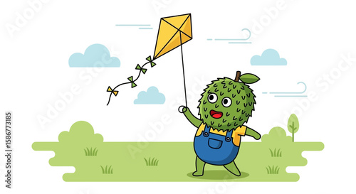 Happy Durian Character Flying Kite On A Sunny Day In Cartoon Flat Style