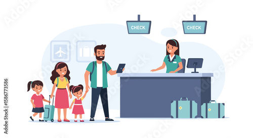 Happy Family At Airport Check In Desk Preparing For Their Flight