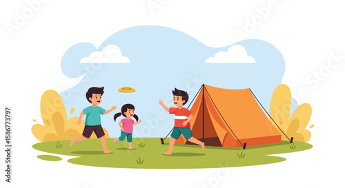 Happy Family Enjoying Camping Trip Playing Frisbee In Outdoor Sunny Day