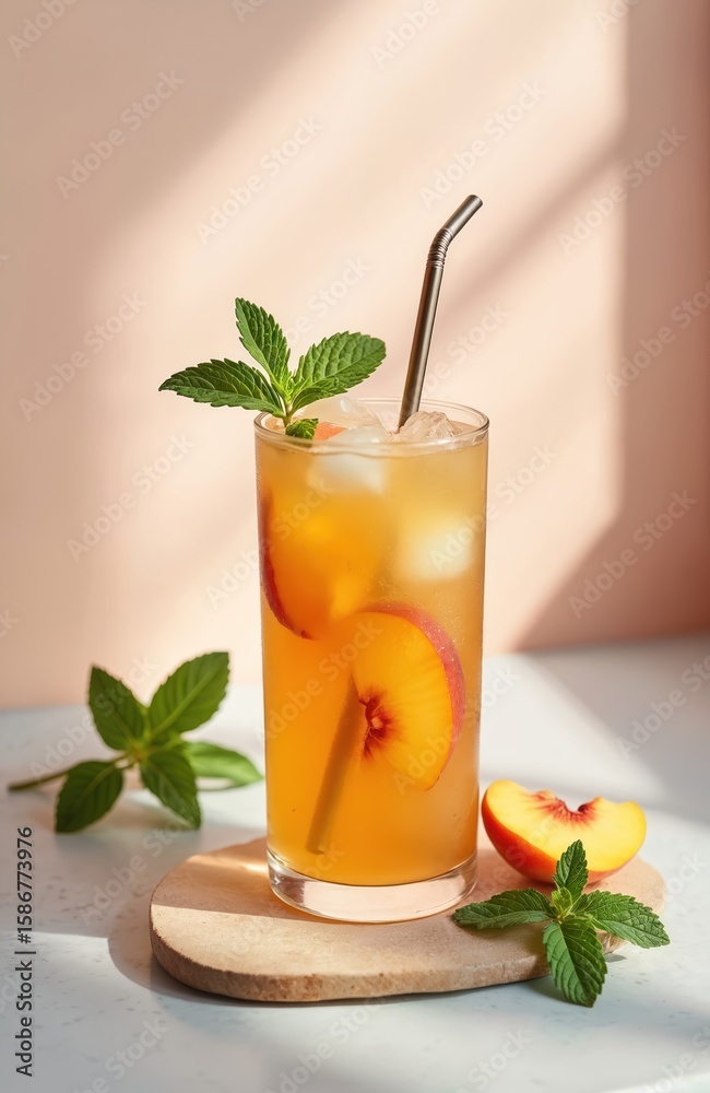 Fototapeta premium Refreshing peach ice tea with mint garnish in tall glass. Vegan cold summer drink features fresh fruit slices, ice cubes, and metal straw. Perfect for cafes, bars, or healthy lifestyle blogs.