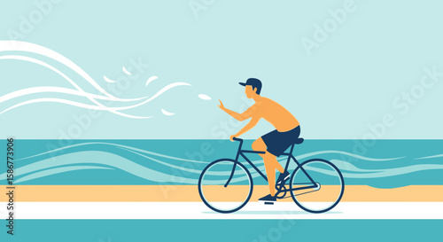 Man Enjoying A Relaxing Bicycle Ride Along The Scenic Coastline Vector Illustration
