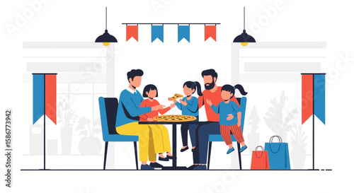 Happy Family Sharing Pizza Together at Restaurant in Colorful Vector Style