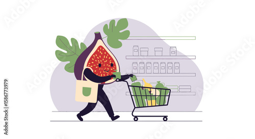 Happy Fig Character Pushing Shopping Cart In Supermarket For Healthy Food Choices