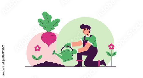 Happy Gardener Watering Plants With Gardening Equipment In A Garden Illustration