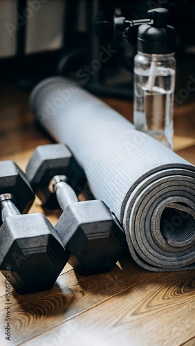 Fitness essentials featuring dumbbells, a yoga mat, and a water bottle showcase a healthy and active lifestyle.