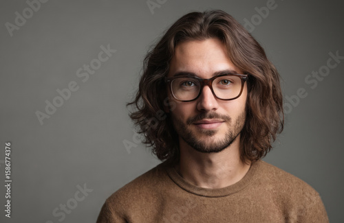 Handsome young man with long brown hair, beard wears brown eyeglasses, brown sweater. Posing confidently indoors against plain gray studio background with copy space. Natural lighting emphasizes