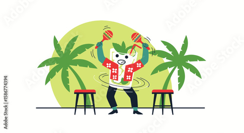 Happy Hour Celebration Cartoon Character Cocktail With Maracas On Tropical Island