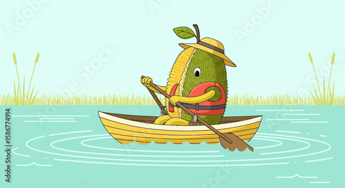 Happy Jackfruit Enjoying A Serene Boat Ride On The Calm Waters Illustration