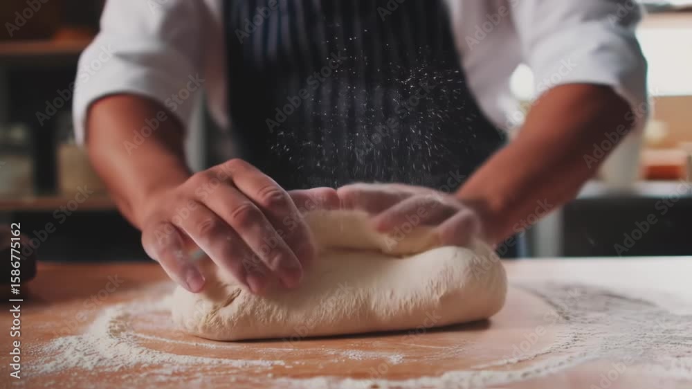 Close-up of Professional Baker Kneading Dough on Floured Wooden Surface