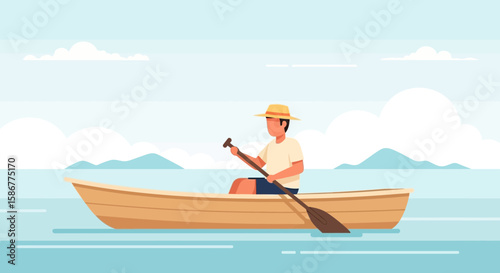 Man Enjoying Rowboat Ride On Calm Waters Under Bright Sky Illustration