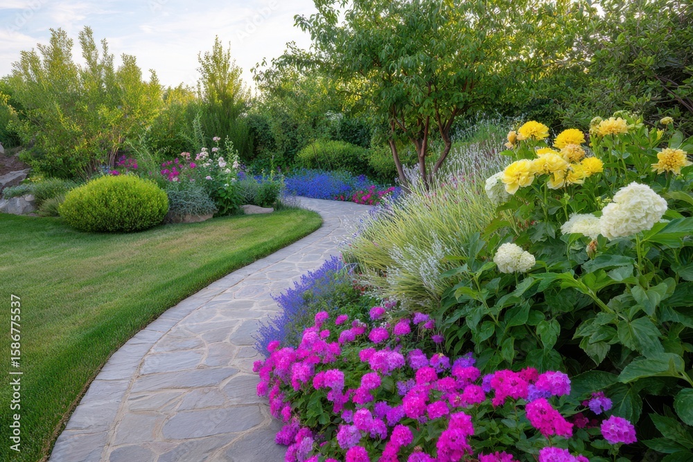 Obraz premium Serene backyard garden with vibrant seasonal blooms, botanical textures, and soft early light. A tranquil scene perfect for outdoor living, gardening ads, and home design visuals.