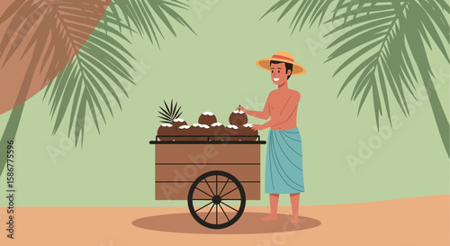 Happy Man Preparing Coconut Water Under Tropical Palm Trees For Street Food