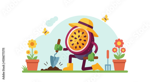Happy Passion Fruit Gardening With Hat And Tools In A Sunny Day