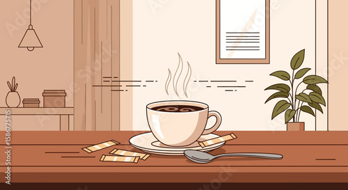 Morning Coffee Aesthetic In Beige Tones Illustration For Relaxing Moment