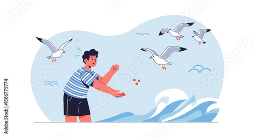 Man Feeding Seagulls By The Ocean Shore Holiday Vacation Scenery Outdoors