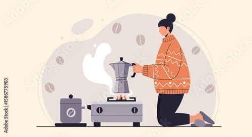 Morning Ritual Woman Kneeling Preparing A Traditional Italian Coffee Maker