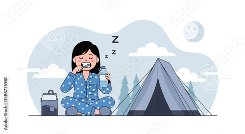 Morning Routine At Campground Showing Woman Brushing Teeth In Her Pajamas
